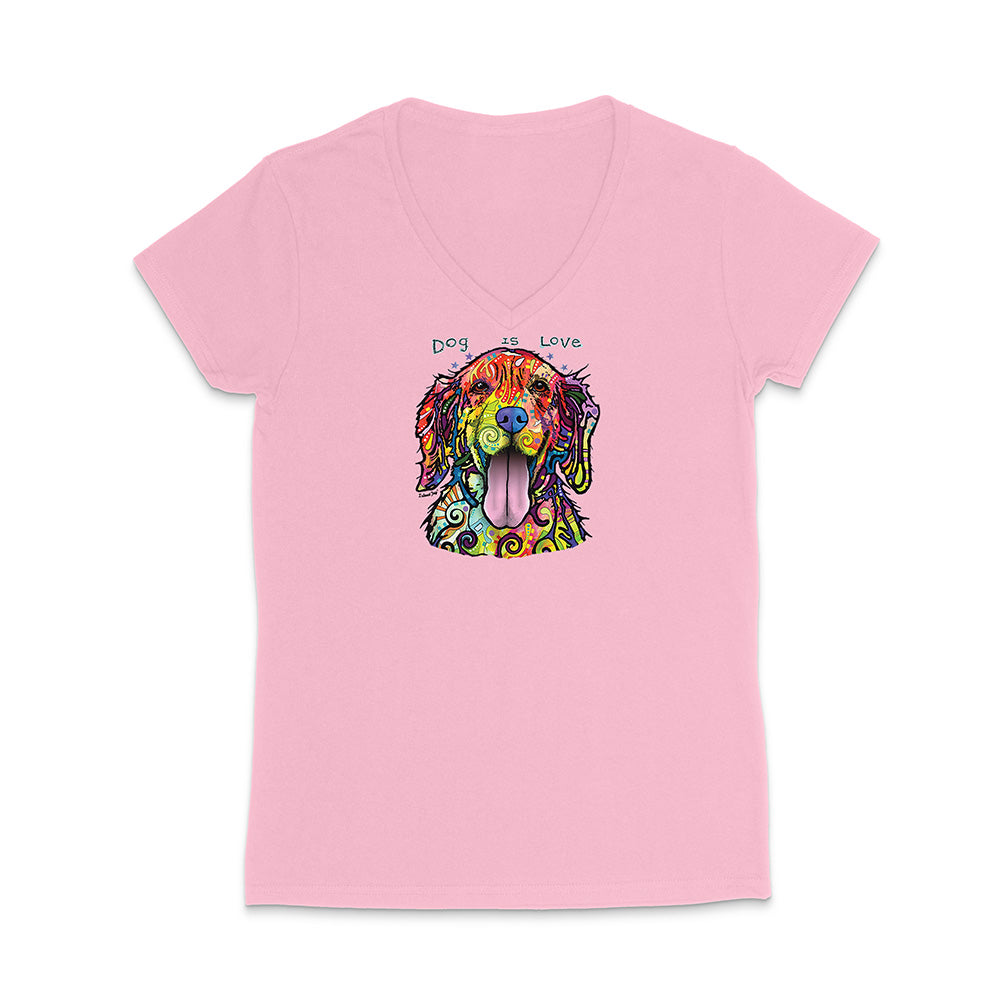 Pink t-shirt with a colorful dog graphic and 'Dog is Love' text on a white background
