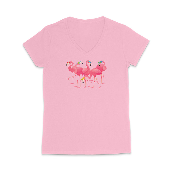 Pink V-neck t-shirt with flamingo design on a white background