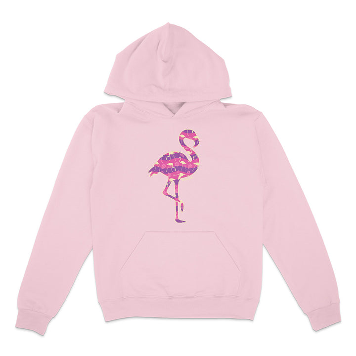 Pink hoodie with a colorful flamingo design on a white background.