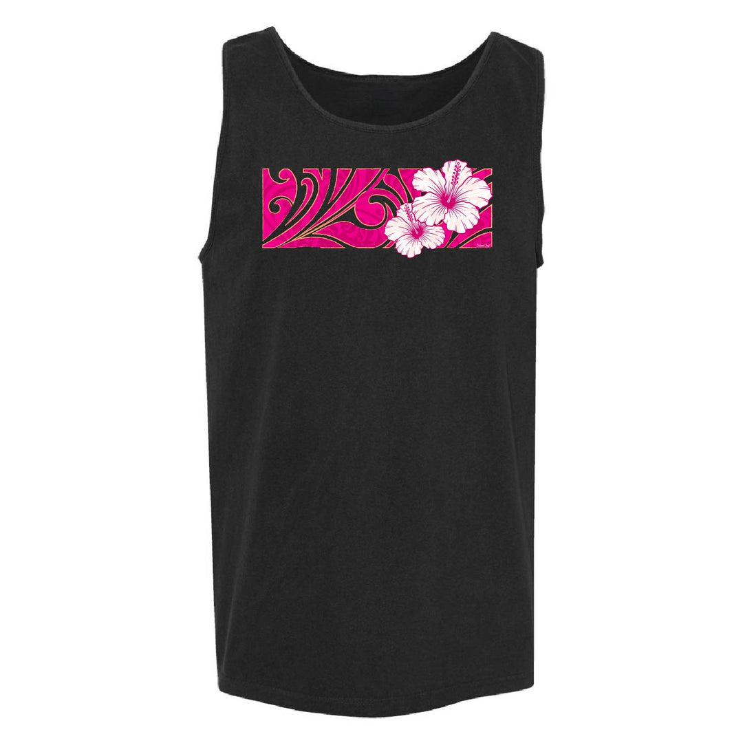 A black sleeveless tank top featuring a rectangular chest graphic with a pink and white floral design, displayed against a solid white background.