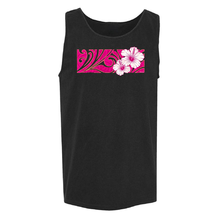 A black sleeveless tank top featuring a rectangular chest graphic with a pink and white floral design, displayed against a solid white background.