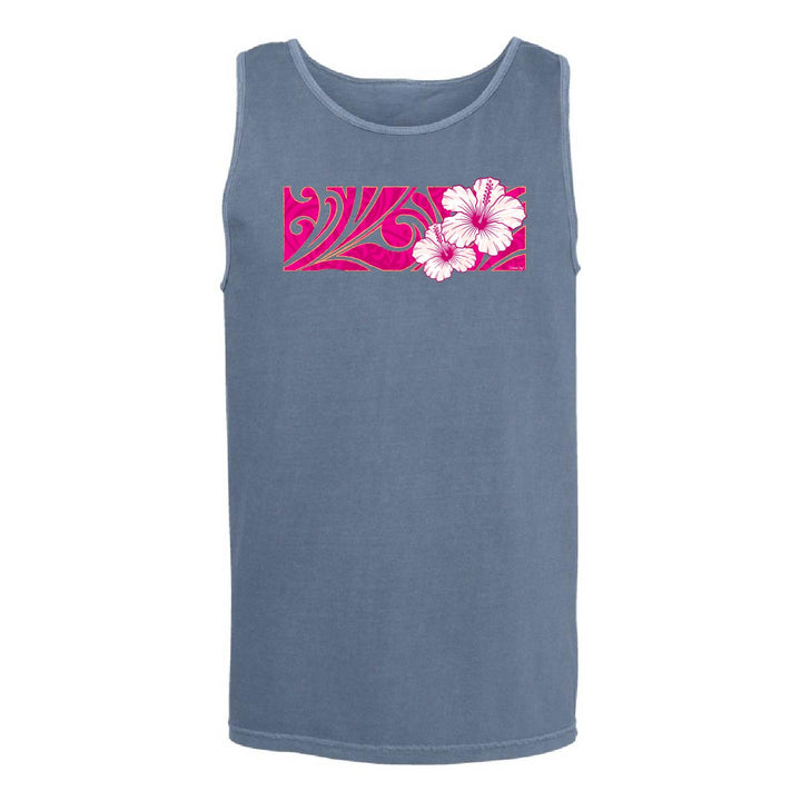 A sleeveless tank top in a dusty slate blue color, featuring a horizontal graphic print on the chest with a pink and gold patterned background and two white hibiscus flowers.