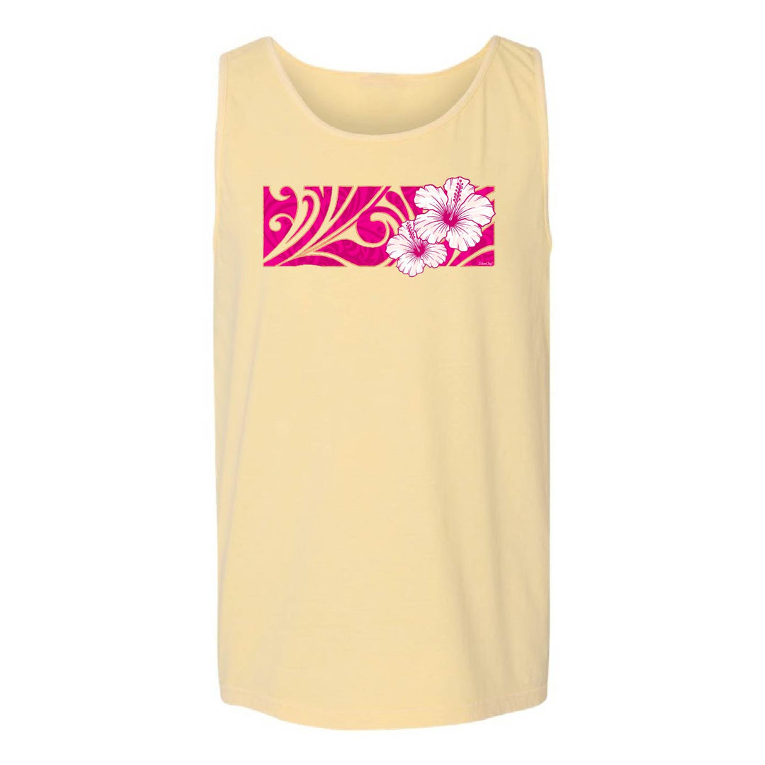 A pale yellow sleeveless tank top with a horizontal chest graphic featuring a pink and white floral pattern, displayed on a solid white background.