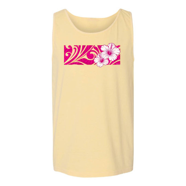A pale yellow sleeveless tank top with a horizontal chest graphic featuring a pink and white floral pattern, displayed on a solid white background.