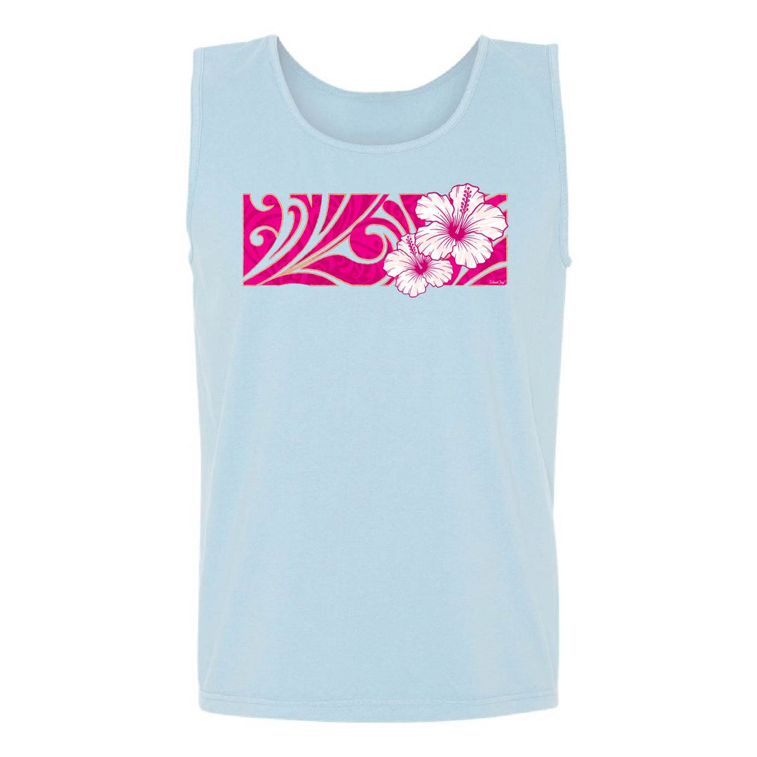 A light blue sleeveless tank top featuring a bright pink and white graphic print on the chest with a floral design, displayed against a solid white background.