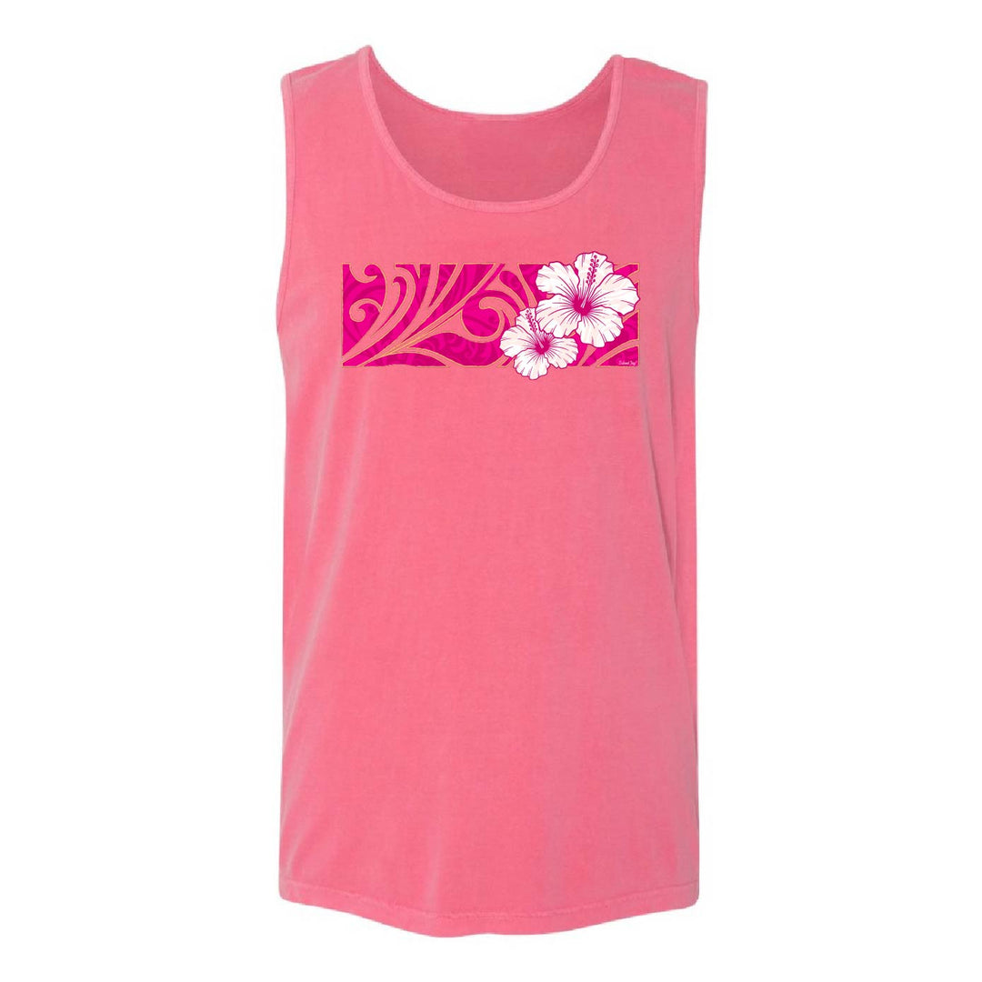 A pink sleeveless tank top featuring a horizontal graphic across the chest with a pink and magenta floral pattern and two white hibiscus flowers, shown against a plain white background.