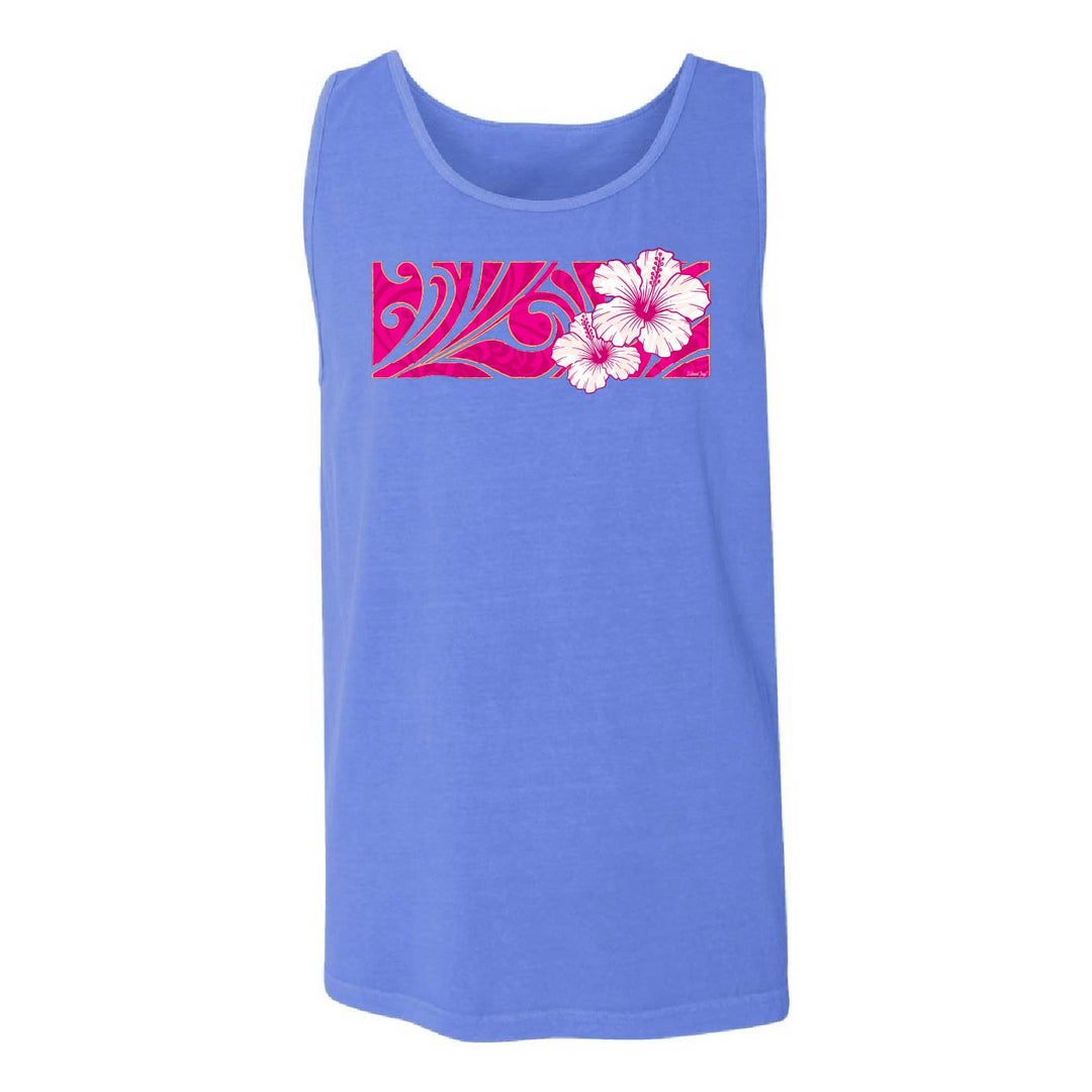A sleeveless tank top in a medium periwinkle blue color, featuring a horizontal graphic print on the chest with pink and white hibiscus flowers and a pink patterned background.