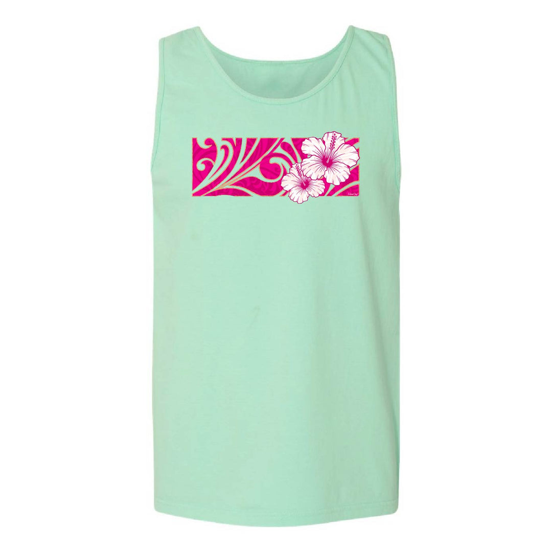 A mint green sleeveless tank top featuring a rectangular chest graphic with a hot pink background, white swirls, and two white hibiscus flowers, displayed on a solid white background.
