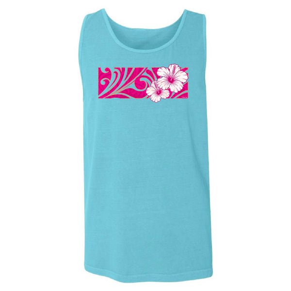 A light blue sleeveless tank top with a pink and white graphic print on the chest featuring hibiscus flowers and a wave pattern, shown against a plain white background.