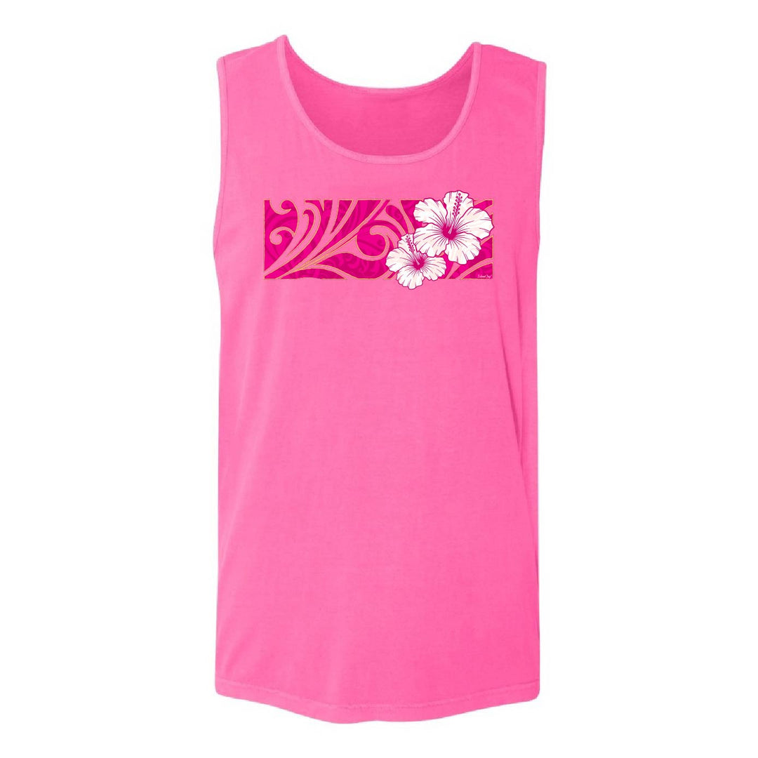A bright pink sleeveless tank top featuring a horizontal chest graphic with a pink and gold patterned background and two white hibiscus flowers, shown on a plain white background.