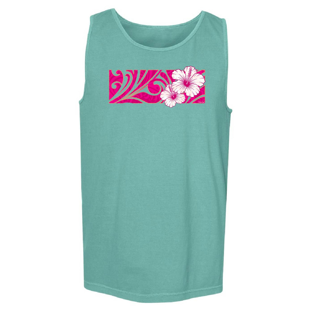 A sleeveless tank top in a heathered teal green color, featuring a rectangular chest graphic with a pink and white hibiscus flower and a pink decorative pattern.