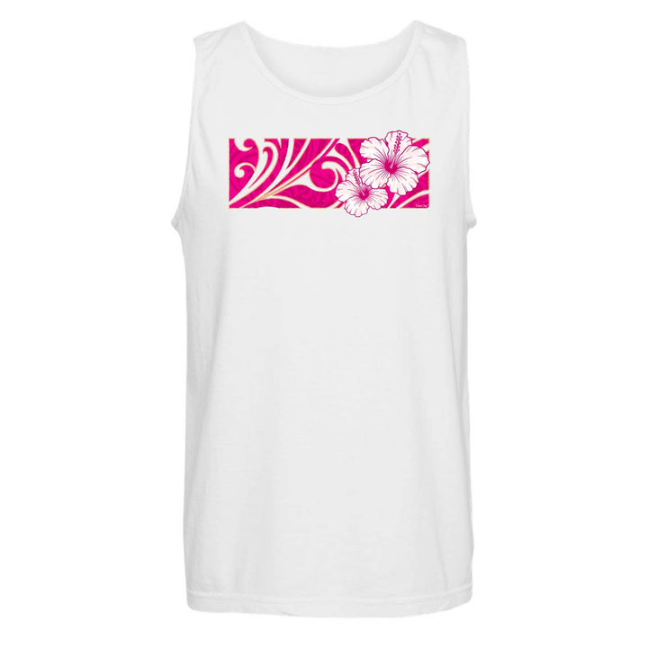 A white sleeveless tank top featuring a vibrant pink rectangular chest graphic with white hibiscus flowers and swirling patterns, displayed on a clean white background.