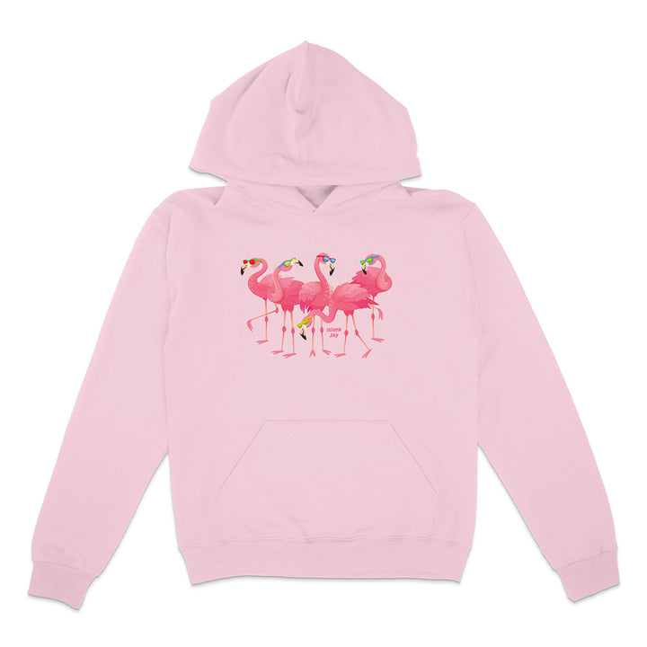 Pink hoodie with flamingo design on a white background