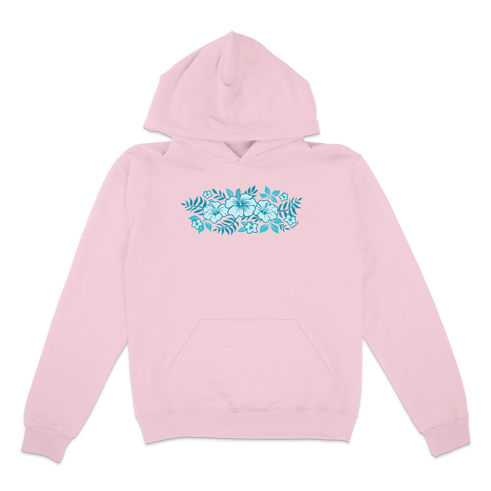 Pink hoodie with blue floral design on a white background