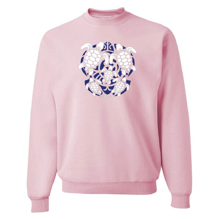 Pink hoodie with a blue and white turtle graphic on a white background