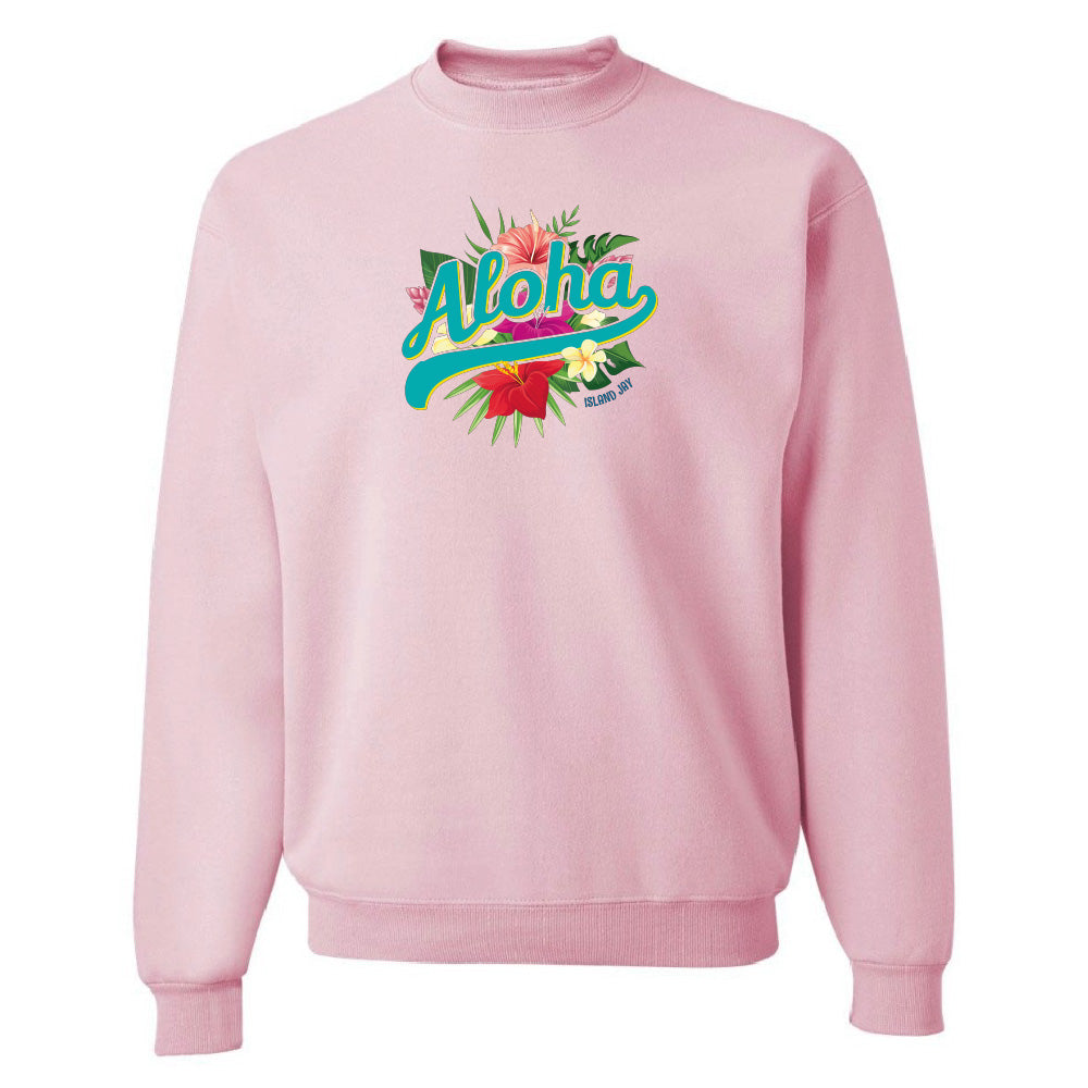 Pink sweatshirt with 'Aloha' and floral design on a white background