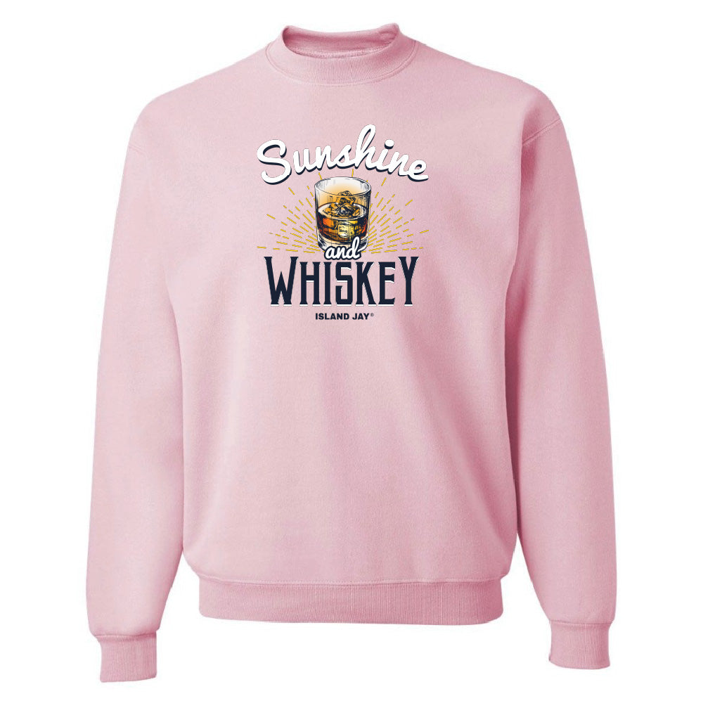 Pink sweatshirt with 'Sunshine and Whiskey' text and graphic on a white background