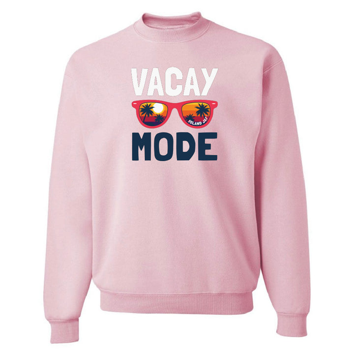 Pink sweatshirt with 'Vacay Mode' text and sunglasses graphic on a white background