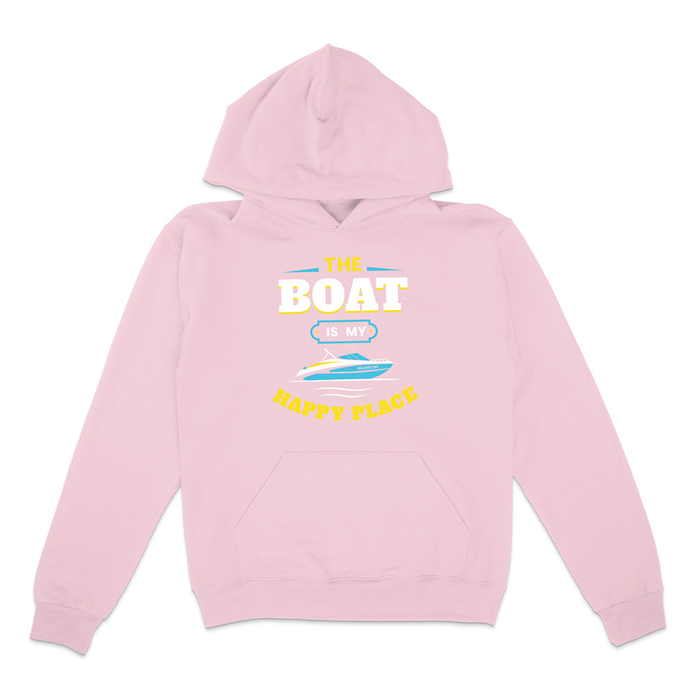 Pink hoodie with text and boat graphic on a white background