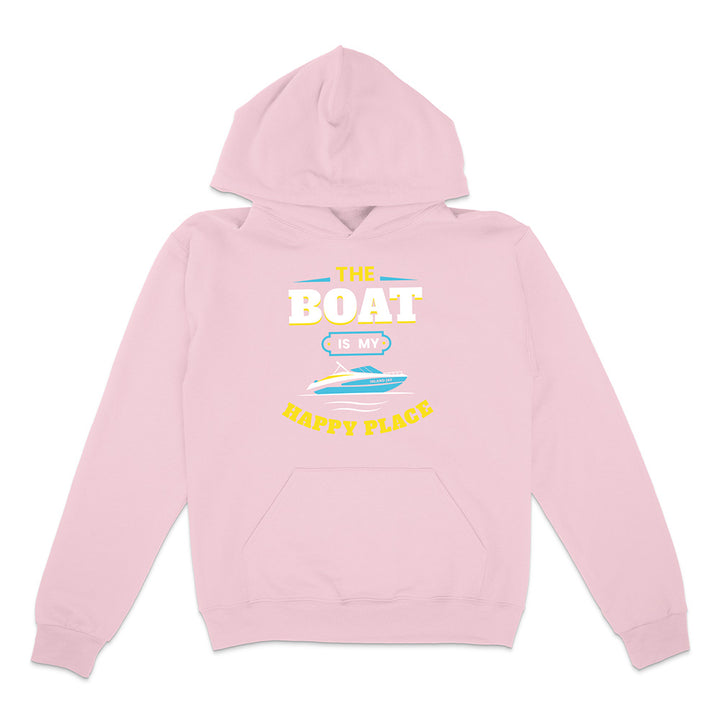 Pink hoodie with text and boat graphic on a white background