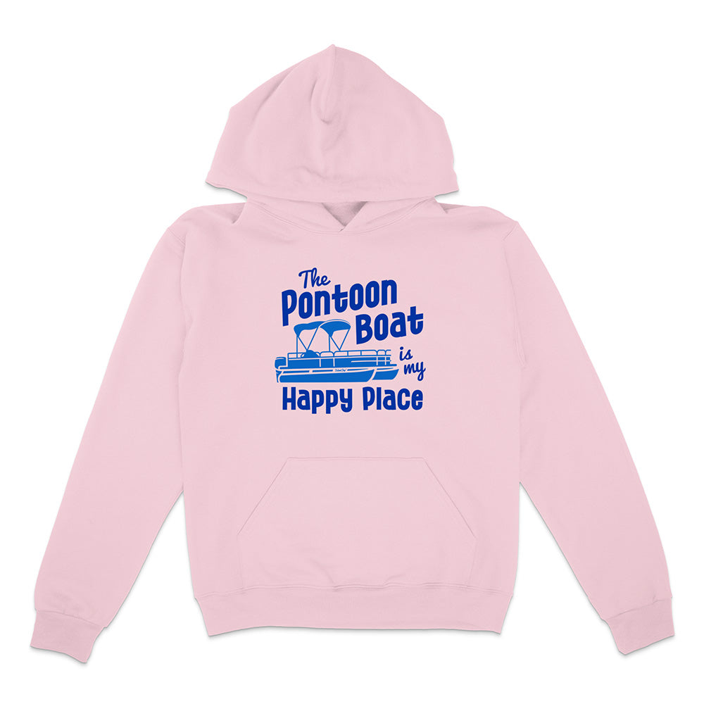 Pink hoodie with blue text and graphic on a white background