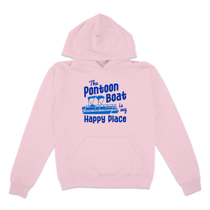 Pink hoodie with blue text and graphic on a white background