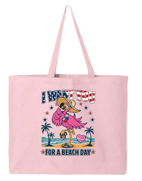 Pink tote bag with cartoon flamingo design and text on a white background
