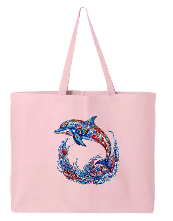 Pink tote bag with a colorful dolphin design on a white background