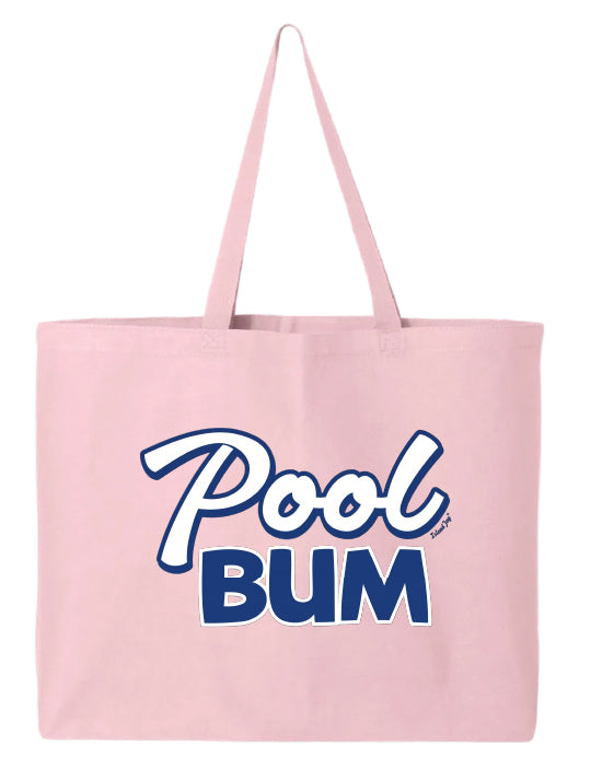 Pink tote bag with 'Pool Bum' text on a white background
