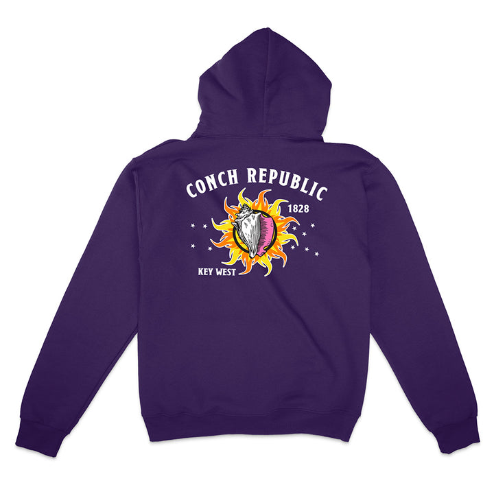 Purple Hoodie with Key West Flag Graphic text reading "Conch Republic Key West 1828" on a white background.