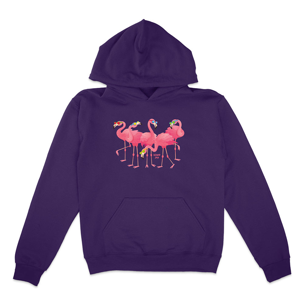 Purple hoodie with pink flamingo design on a white background
