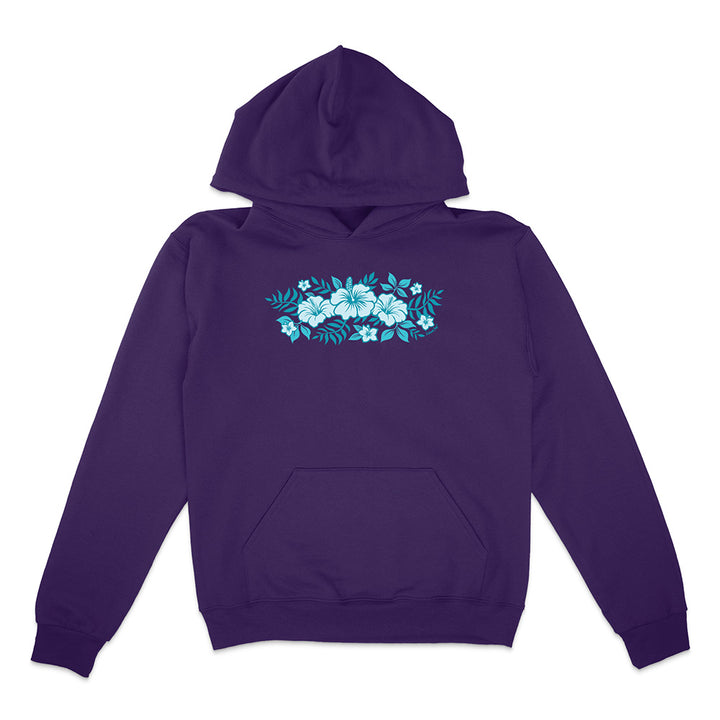 Purple hoodie with blue floral design on a white background