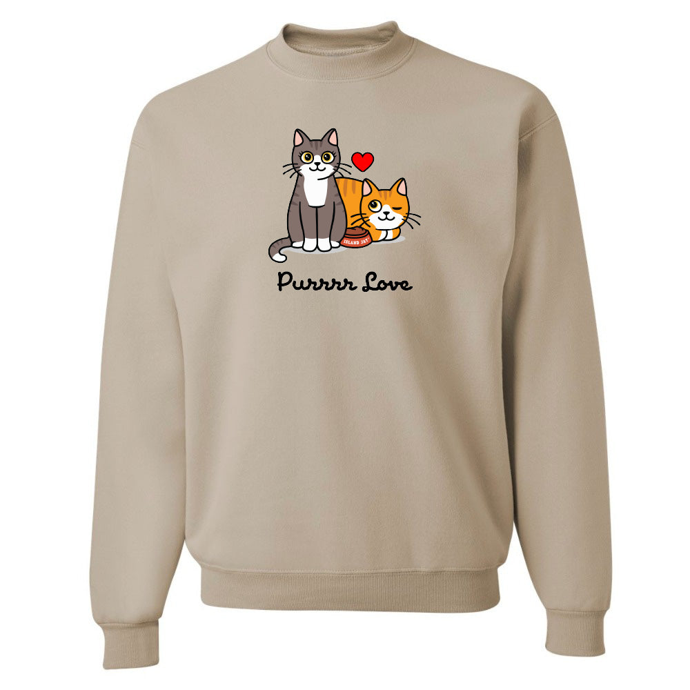 Beige sweatshirt with cartoon cats and 'Purr Love' text on a white background