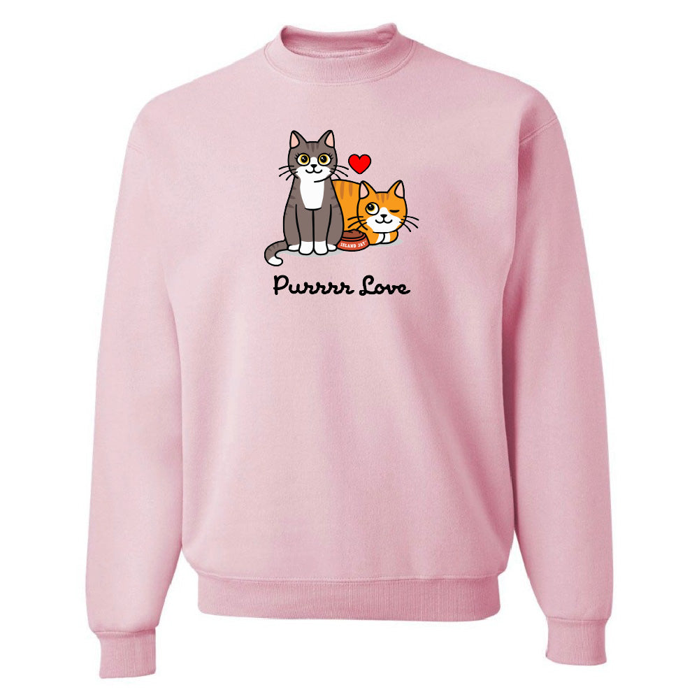 Pink sweatshirt with cartoon cats and 'Purrrr Love' text on a white background