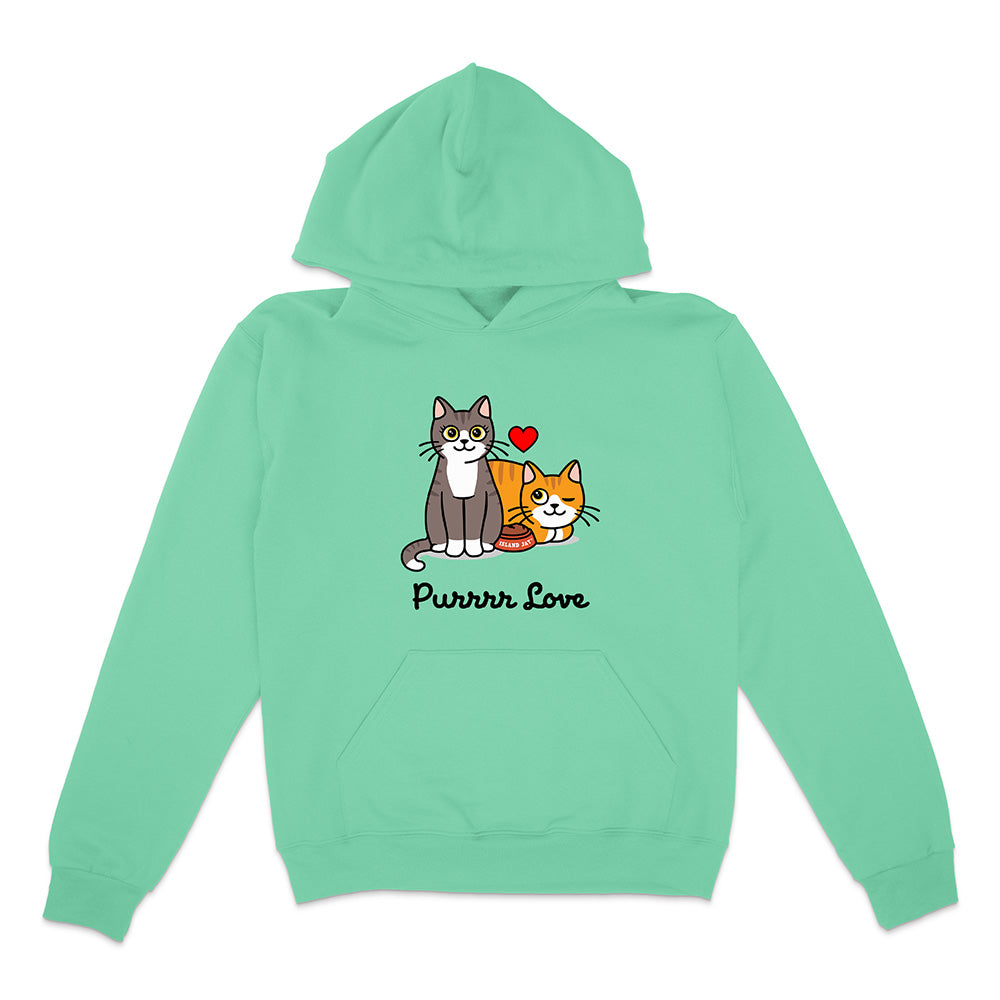 Mint green hoodie with cat illustration and 'Purrrr Love' text on a white background
