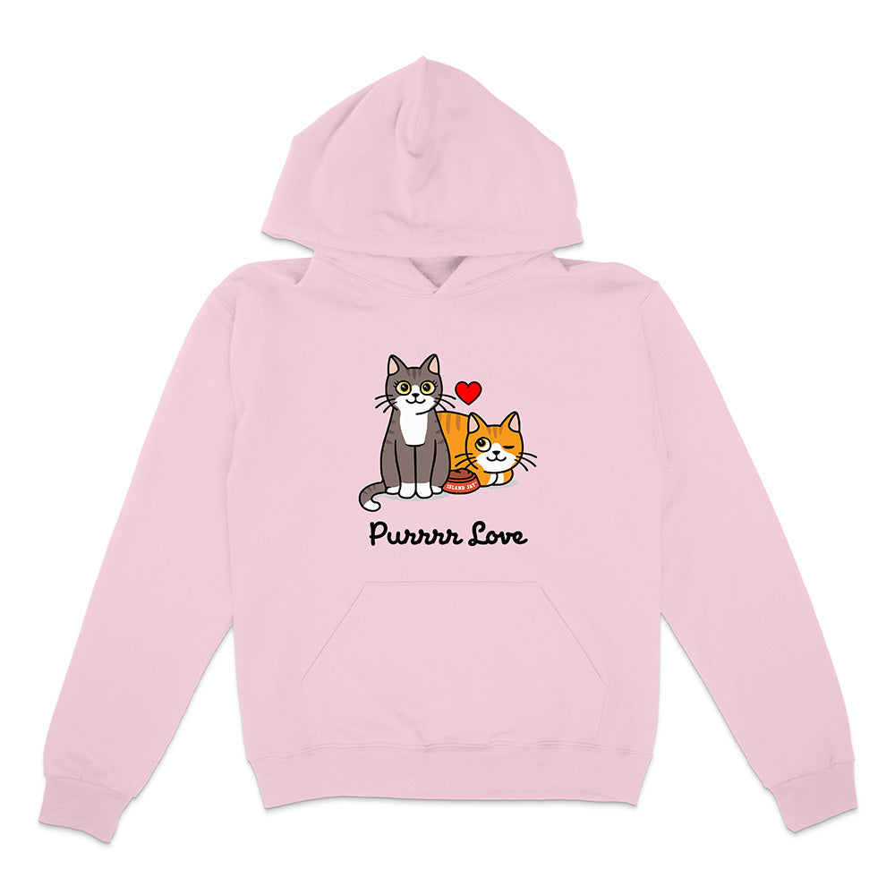 Pink hoodie with cat design and 'Purrrr Love' text on a white background
