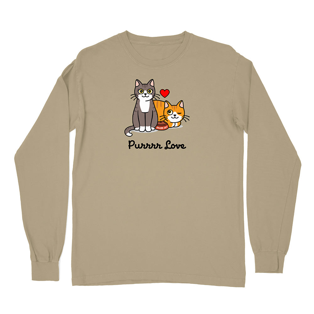 Beige long-sleeve shirt with cartoon cats and 'Purr Love' text on a white background