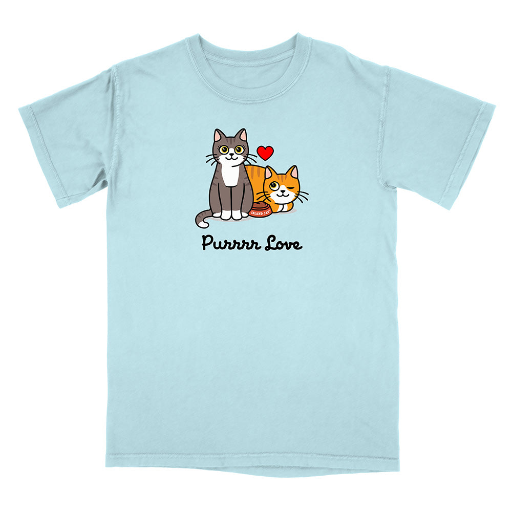 Light blue t-shirt with cartoon cats and 'Purrrr Love' text on a white background
