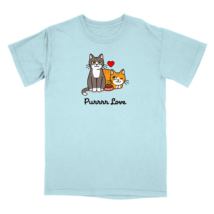 Light blue t-shirt with cartoon cats and 'Purrrr Love' text on a white background