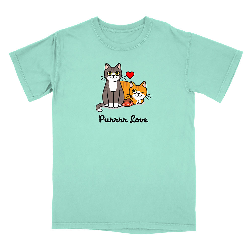 Mint green t-shirt with cartoon cats and 'Purrrr Love' text on a white background