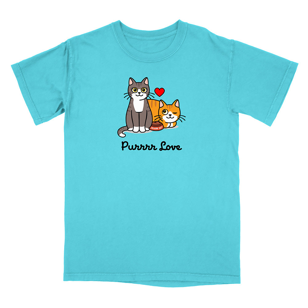 Blue t-shirt with cartoon cats and 'Purrrr Love' text on a white background