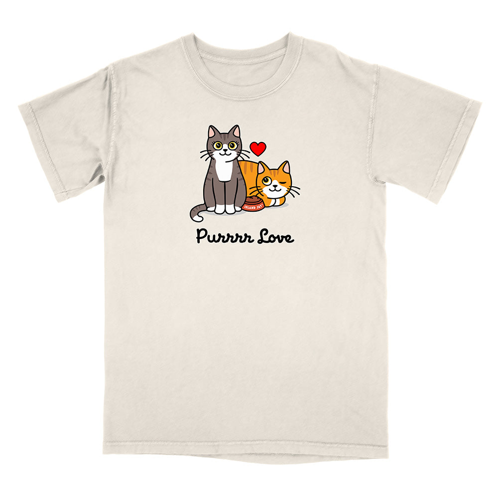 Beige t-shirt with cartoon cats and 'Purrrr Love' text on a white background