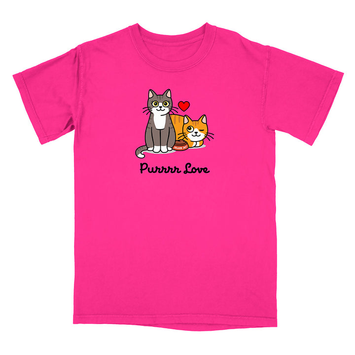 Pink t-shirt with cartoon cats and 'Purrrr Love' text on a white background