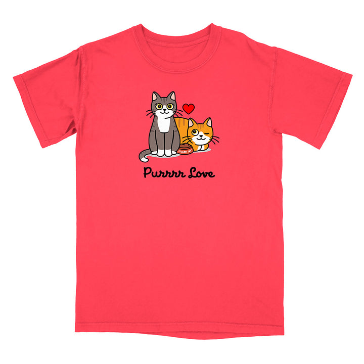 Red t-shirt with cartoon cats and 'Purrrr Love' text on a white background