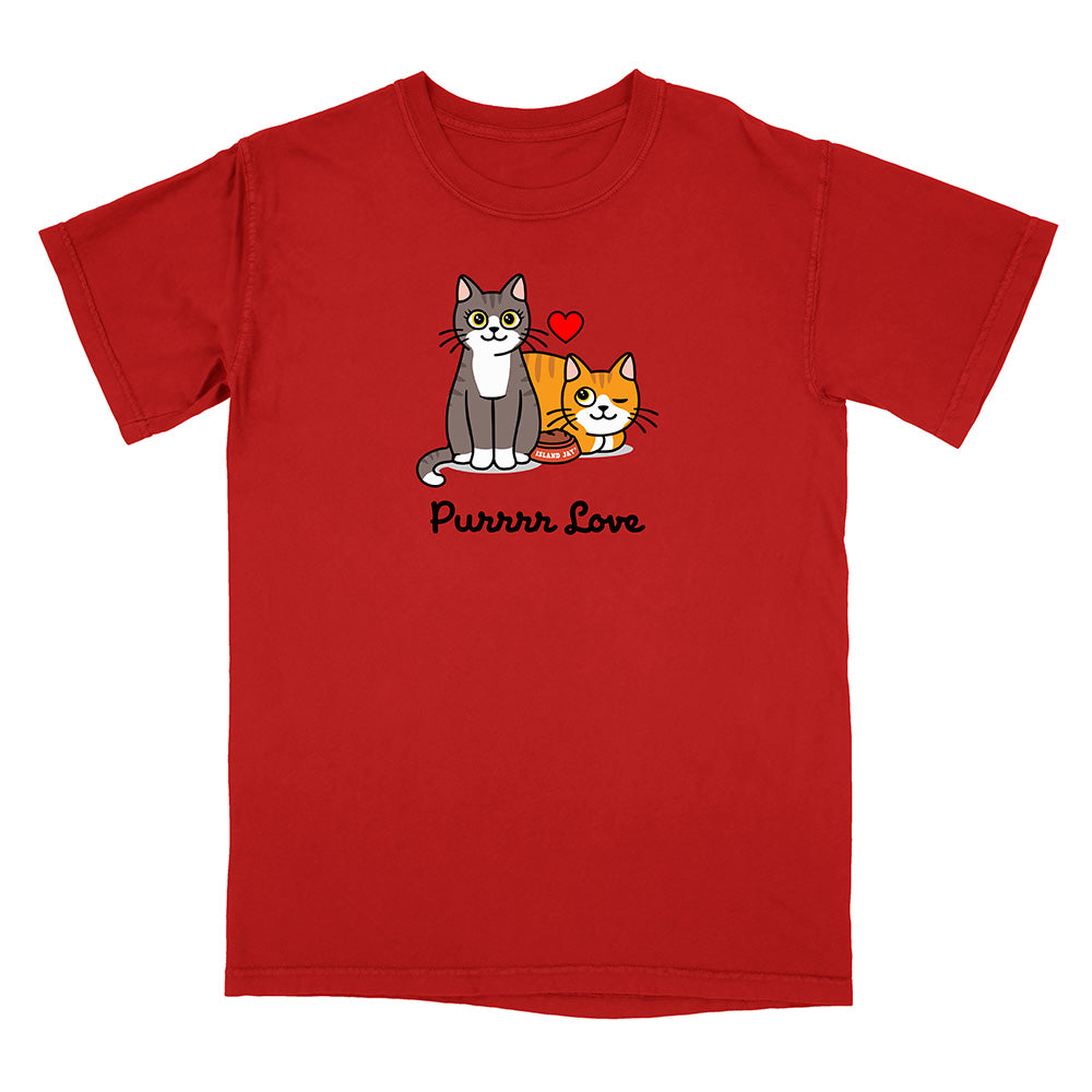 Red t-shirt with cartoon cats and 'Purrrr Love' text on a white background