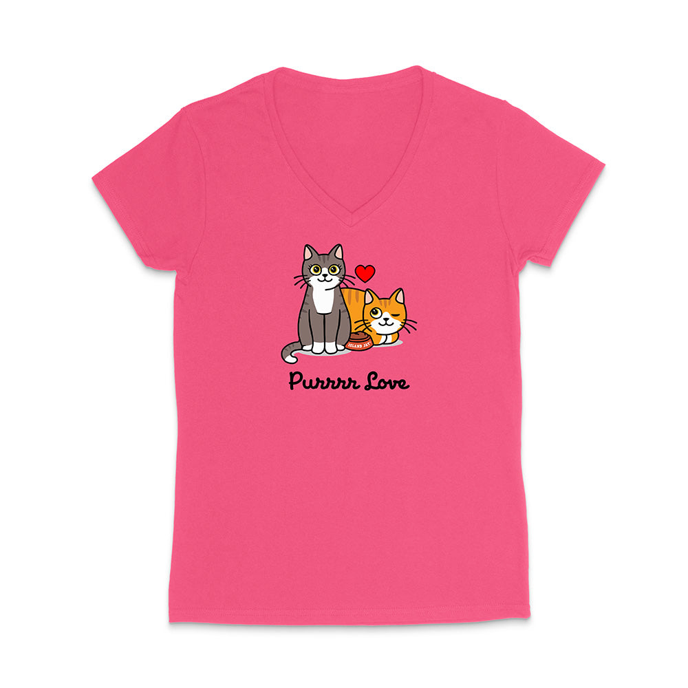Pink t-shirt with cartoon cats and 'Purrrr Love' text on a white background