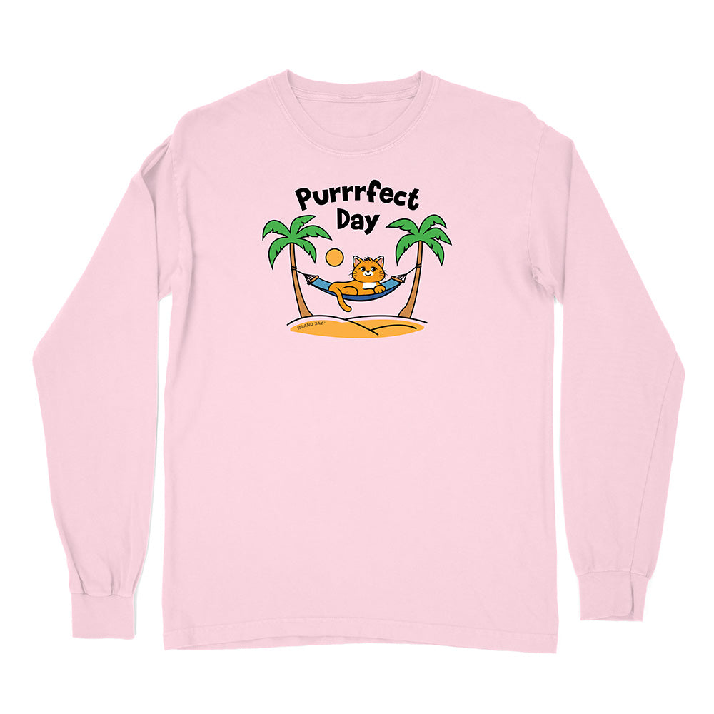 Pink long-sleeve shirt with a cat graphic and 'Purrfect Day' text on a white background
