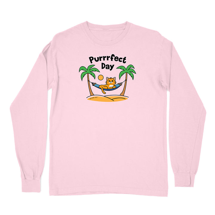 Pink long-sleeve shirt with a cat graphic and 'Purrfect Day' text on a white background