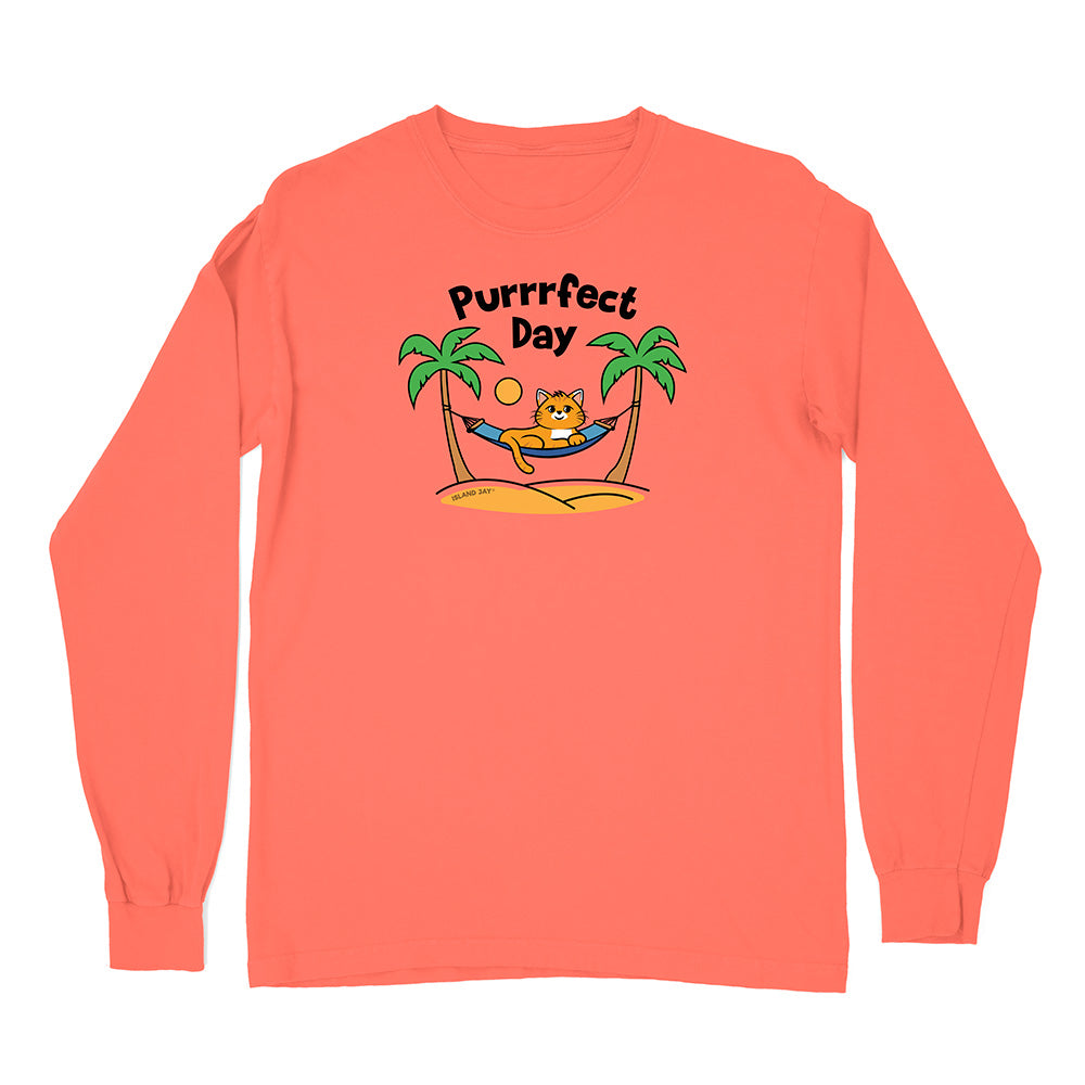 Coral long-sleeve shirt with a cat in a hammock graphic and 'Purrfect Day' text on a white background.