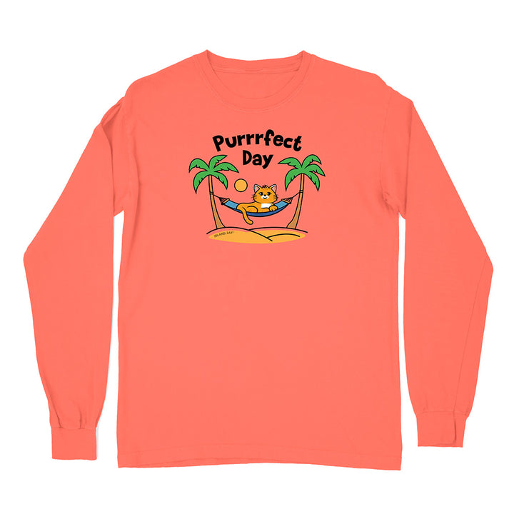 Coral long-sleeve shirt with a cat in a hammock graphic and 'Purrfect Day' text on a white background.